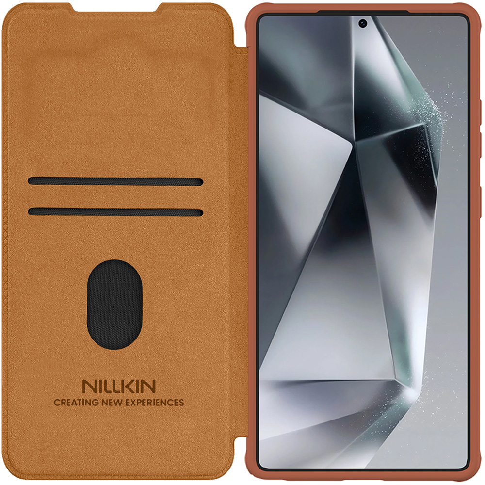 Etui z klapką i ochroną aparatu Nillkin Qin Pro do Galaxy S25 Ultra, brązowe